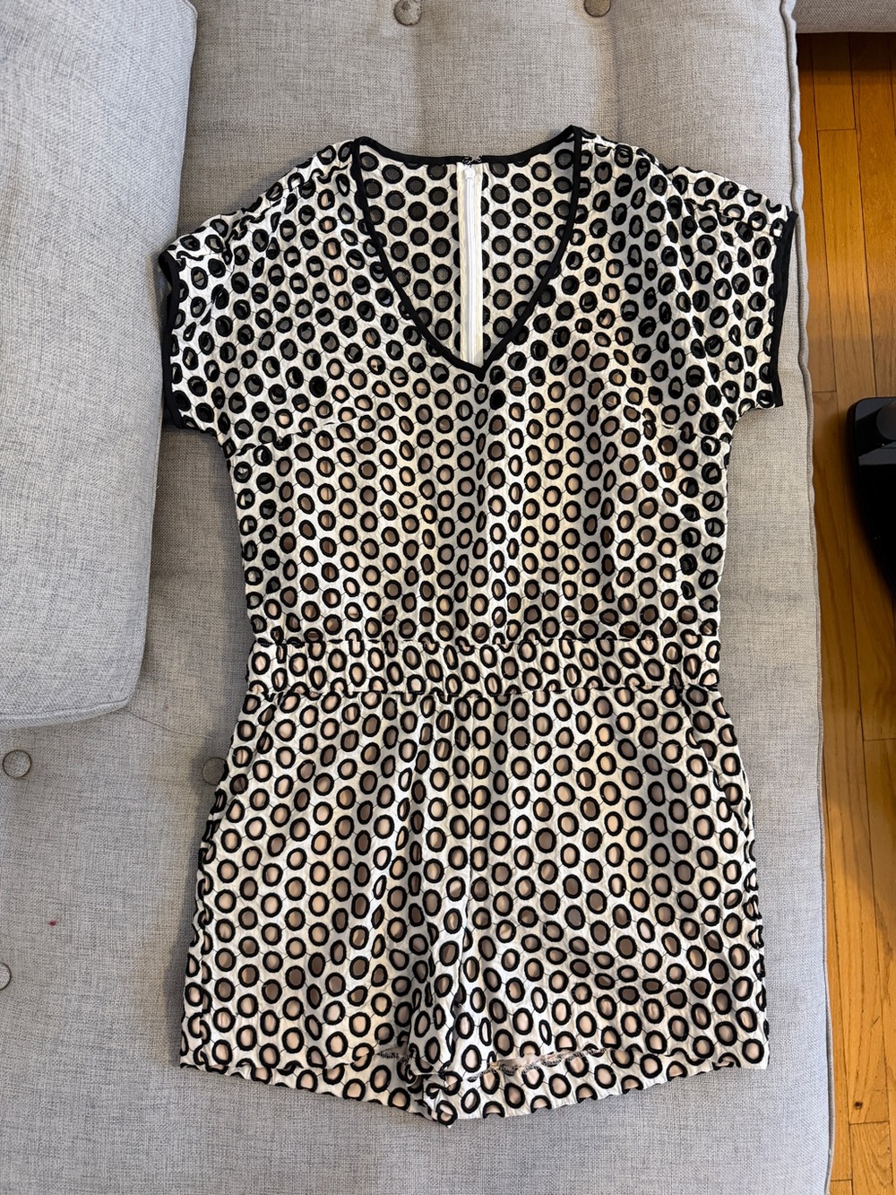 J. Crew Cream Romper with Black Polka Dot Circle Print